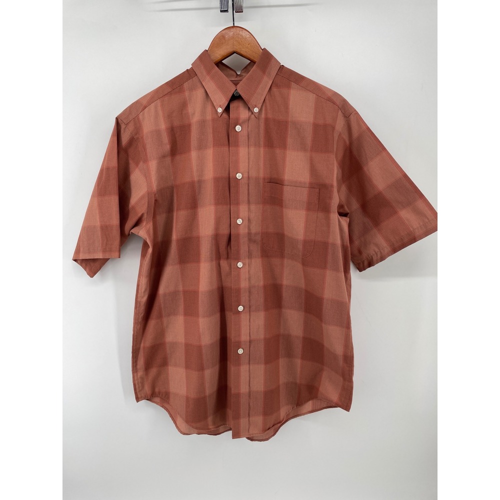 Roundtree & Yorke Button Down Mens Medium Burnt Orange Plaid Short Sleeve